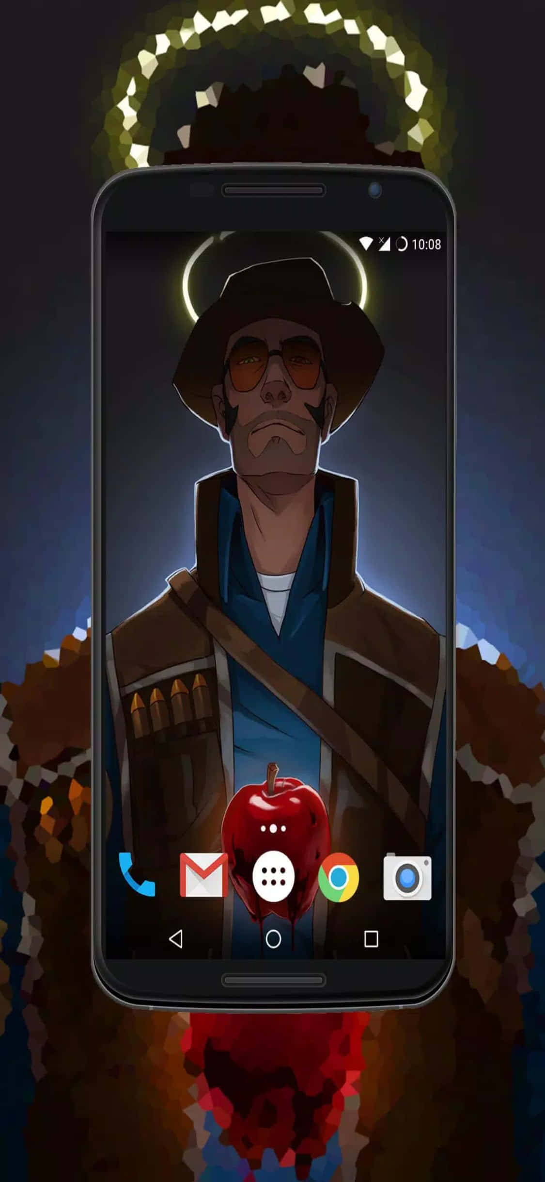 Tf2 桌布 壁紙 — 一部智慧型手機在深色抽象背景上顯示一個帶有光環和發光眼睛的風格化動畫牛仔。
