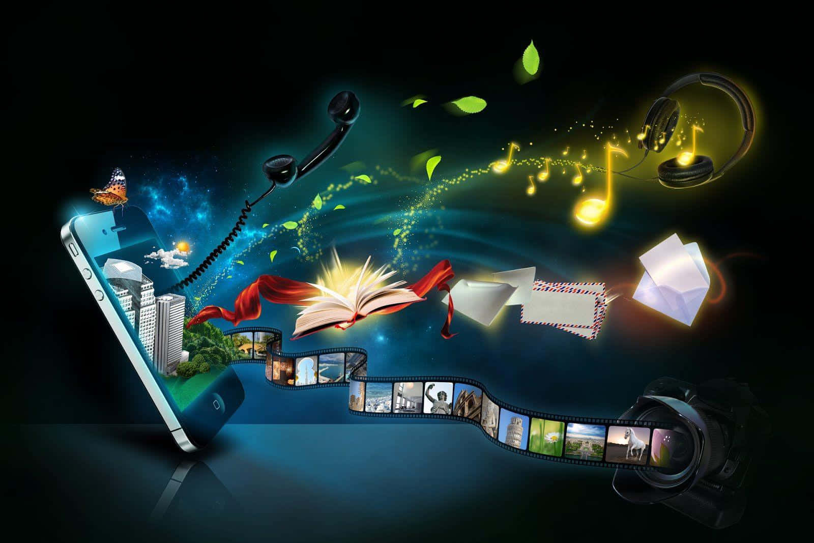 Multimedia 桌布 壁紙 — 一部智慧型手機在深色背景上發出發光的數位流，連接到耳機、音樂、書籍、膠片條和相機。