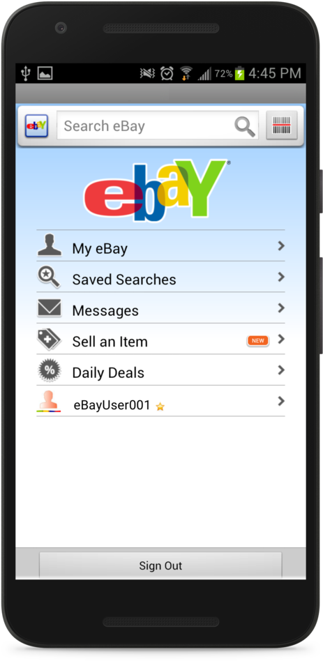 User 桌布 壁紙 — 一部智慧型手機在淺藍色漸層背景上顯示eBay應用程式的主選單，包含「我的eBay」和「出售物品」等選項。