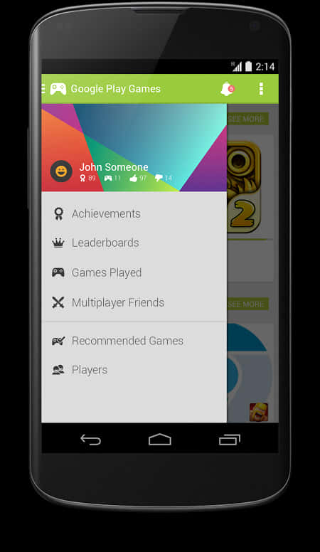 手機 桌布 壁紙 — 一部智慧型手機在色彩繽紛的抽象背景上顯示Google Play Games選單，包含使用者個人資料成就和遊戲選項。