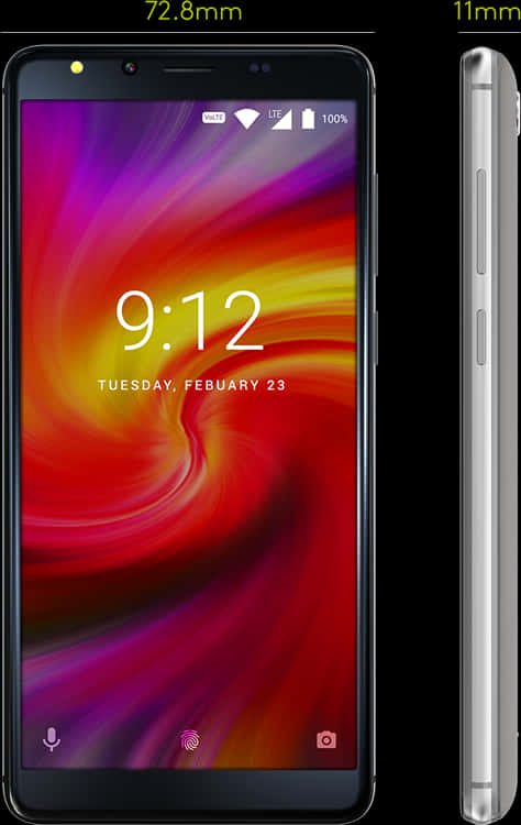 Mobile Phone 桌布 壁紙 — 一部智慧型手機帶有鮮豔旋轉的紅、紫、黃色桌布，在黑色背景上顯示9:12，並標有尺寸標籤。