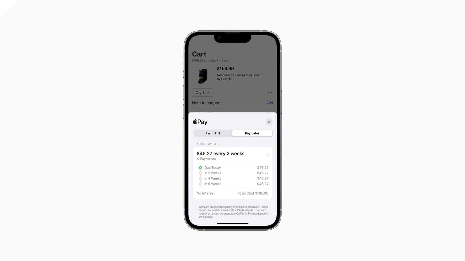 手機 桌布 壁紙 — 一部智慧型手機顯示Apple Pay購物車，內有$189.99的商品和$46.27的雙週付款方案選項。