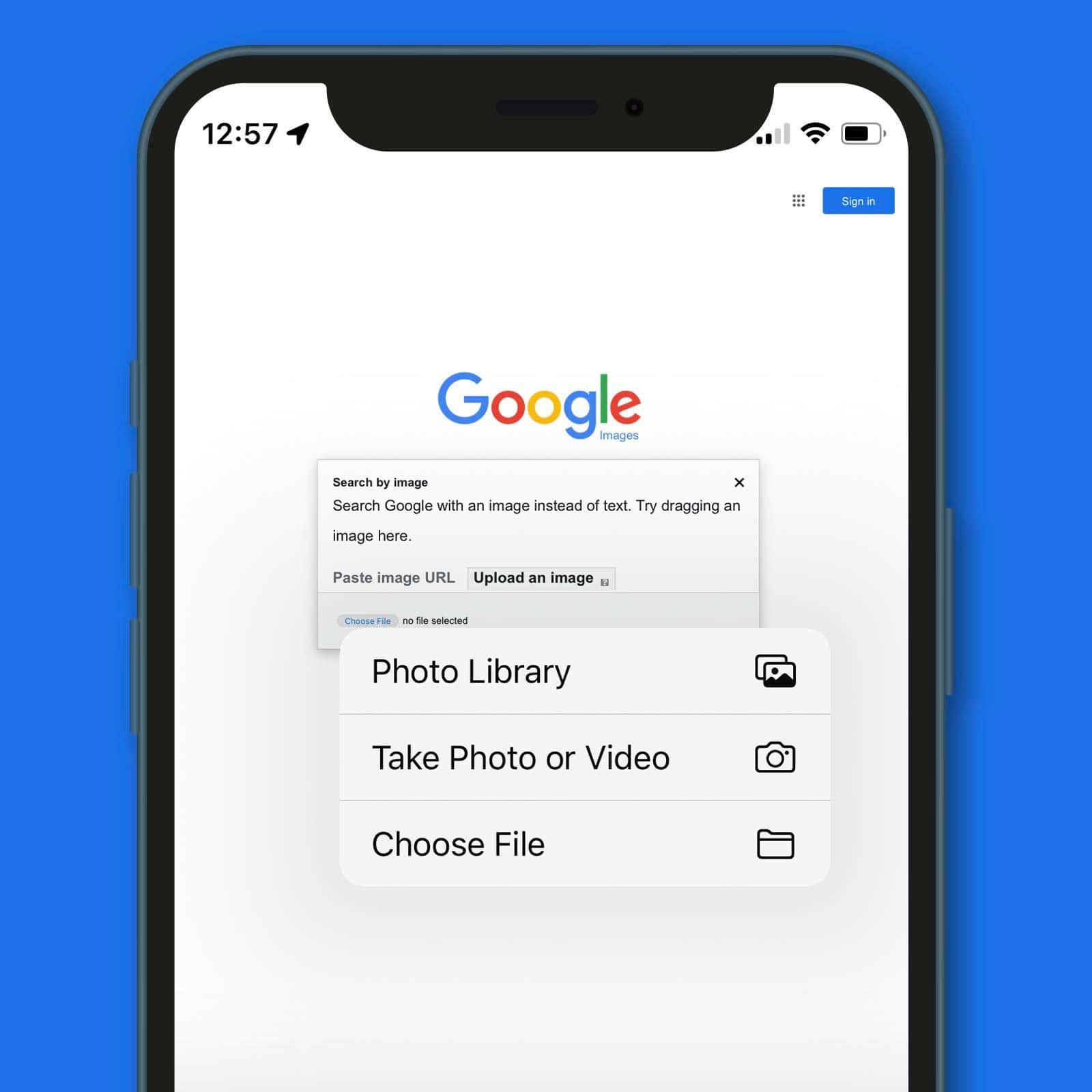 智慧型手機在藍色背景上顯示Google圖片上傳選項。 — Google Meet 壁紙