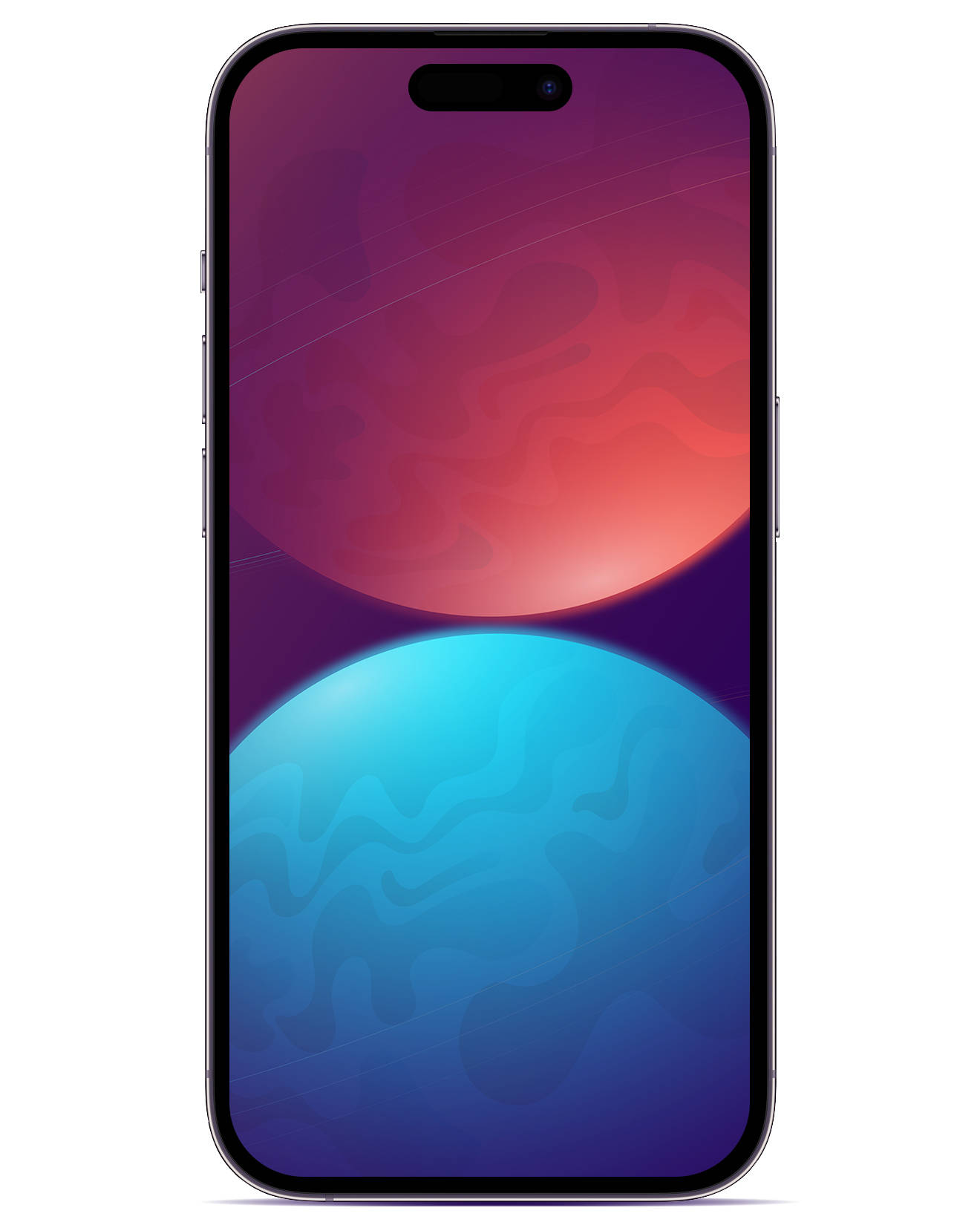 Apple iPhone 預設 桌布 壁紙 — 一部智慧型手機顯示一個充滿活力的數位桌布，上面有兩個抽象的球體，一個是紅橙色，另一個是青藍色，背景是紫色漸層。