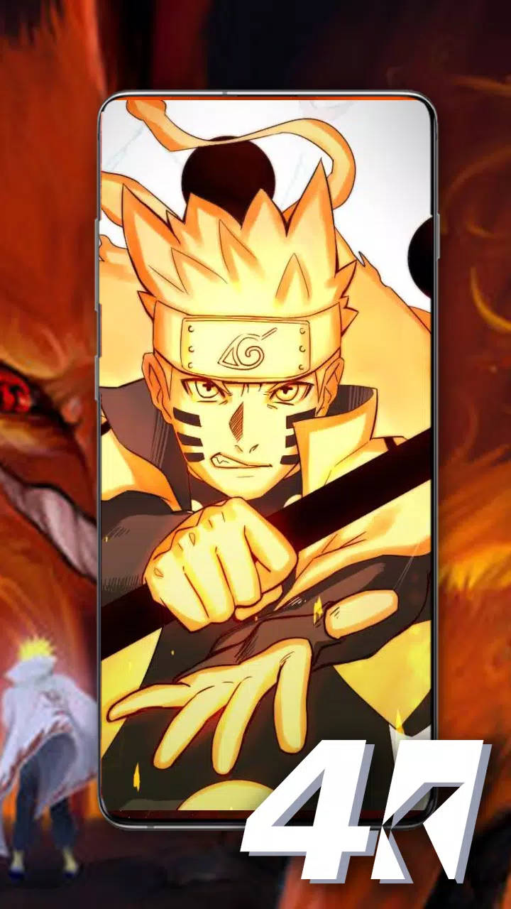 Yellow Naruto 桌布 壁紙 — 一部智慧型手機顯示一個動漫角色，有著尖刺金髮和頭帶，在火熱的橙色背景下擺出動態姿勢。