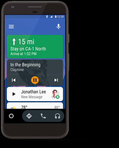 Smart Phone 桌布 壁紙 — 一部智慧型手機顯示一個導航應用程式，顯示距離目的地15英里，並附有音樂和訊息通知。