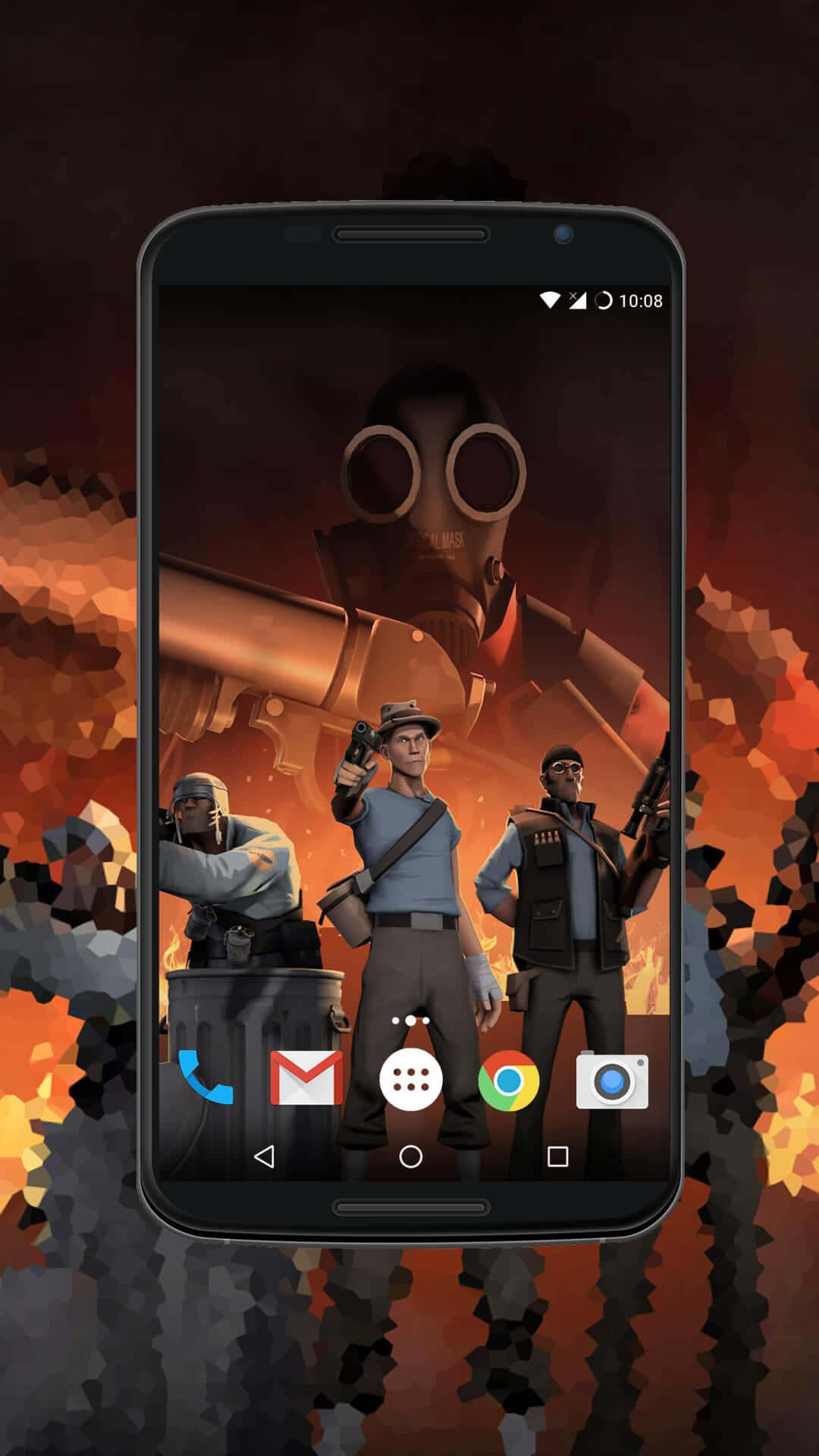 Phone Screen 桌布 壁紙 — 一部智慧型手機顯示一個粗糙的動畫桌布，上面有三名武裝士兵，一個巨大的戴面具的人物在他們身後若隱若現，背景是火熱的橙色和棕色。