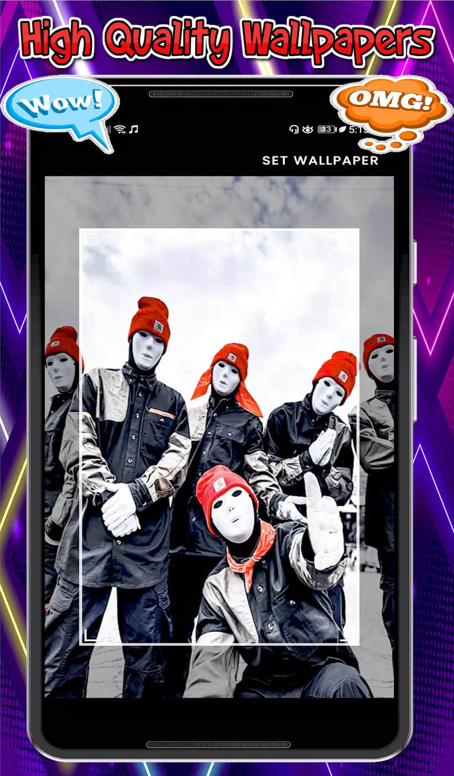 Jabbawockeez 桌布 壁紙 — 一部智慧型手機顯示一張風格化的照片，照片中戴著紅色毛帽、戴著面具的人物，背景是陰天，帶有霓虹紫色和黃色的點綴。