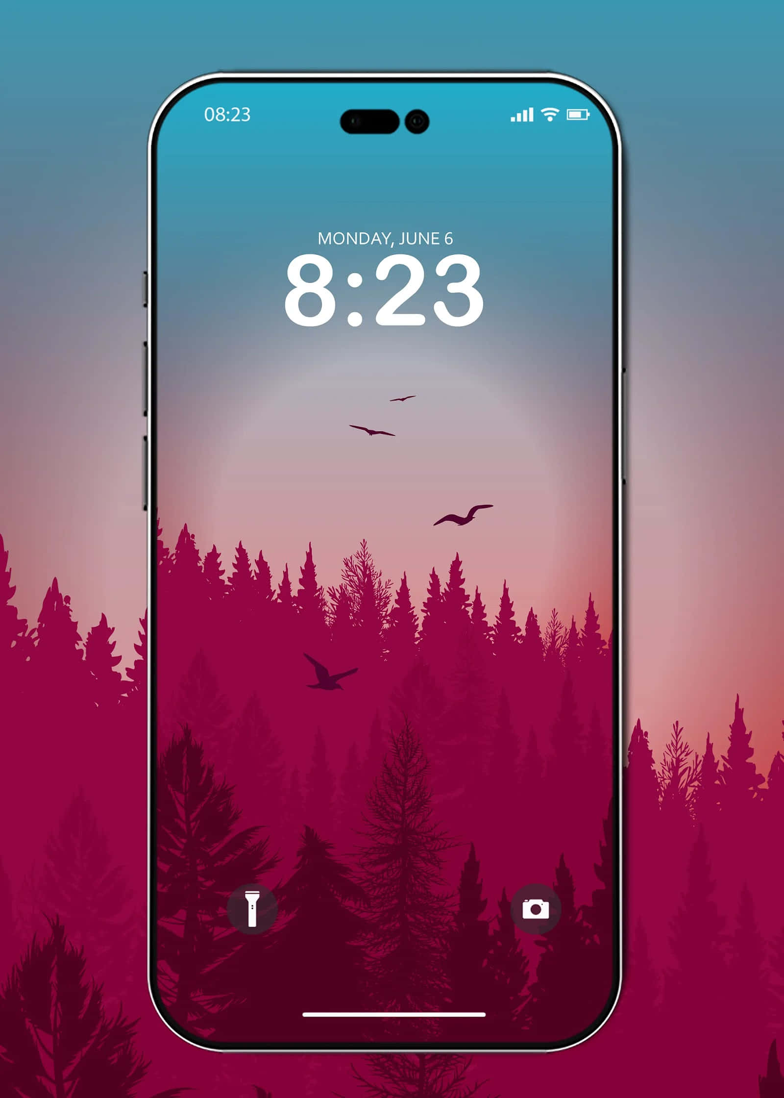iPhone 美學 桌布 壁紙 — 一部智慧型手機顯示寧靜的日落桌布，帶有洋紅色森林剪影和飛鳥，背景為漸層天空。