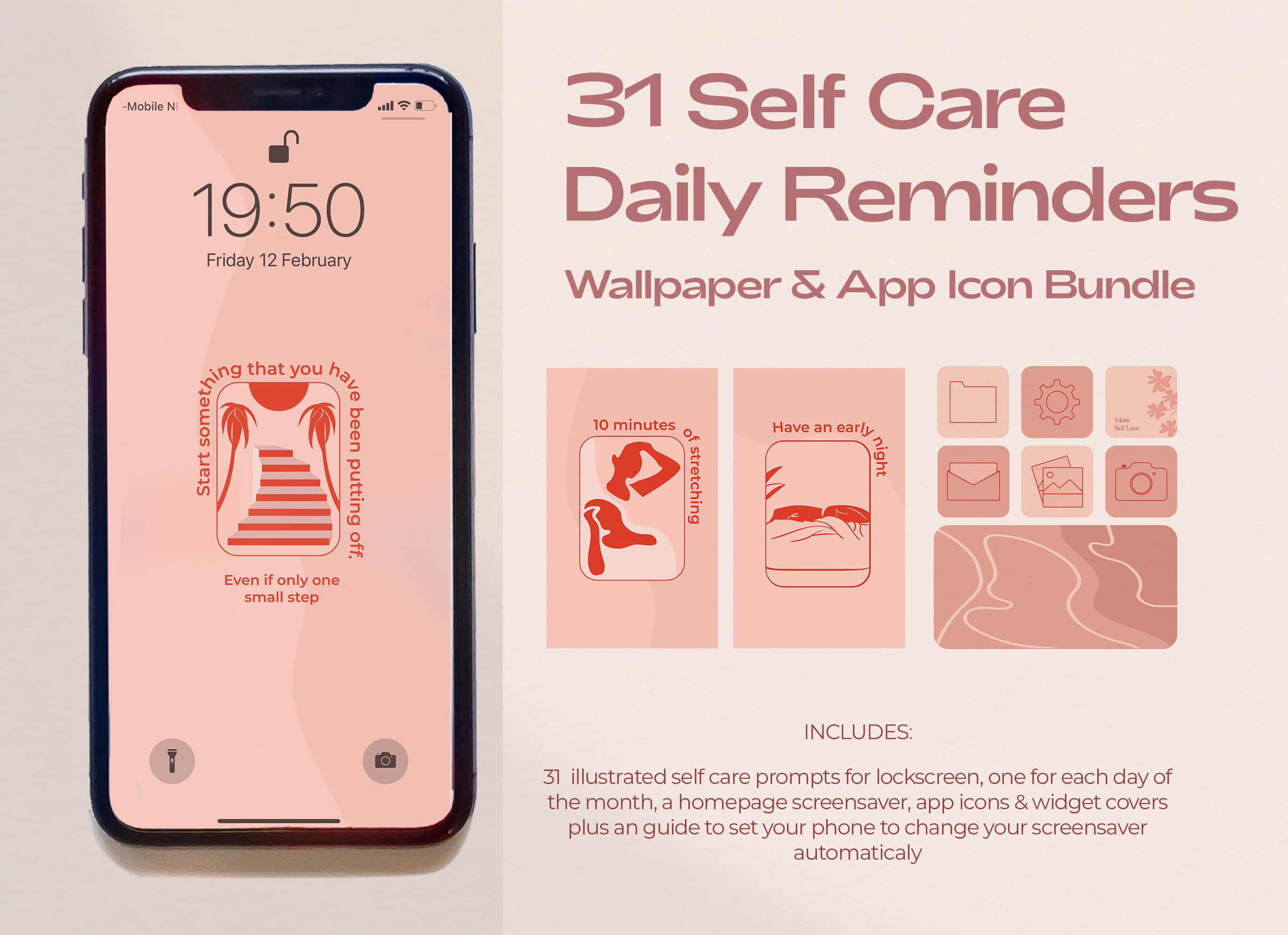 Aesthetic Reminder 桌布 壁紙 — 一部智慧型手機顯示柔和粉紅色的自我關懷桌布，附有插圖提示，用於日常健康習慣。