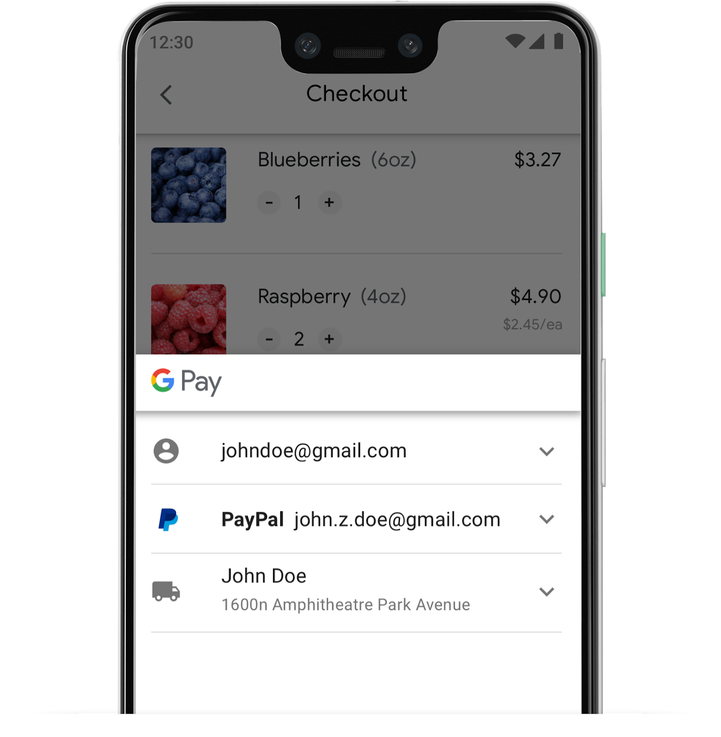 PayPal 桌布 壁紙 — 一部智慧型手機顯示結帳畫面，列出藍莓和覆盆子的價格以及付款選項，包括 Google Pay、PayPal 和送貨地址。