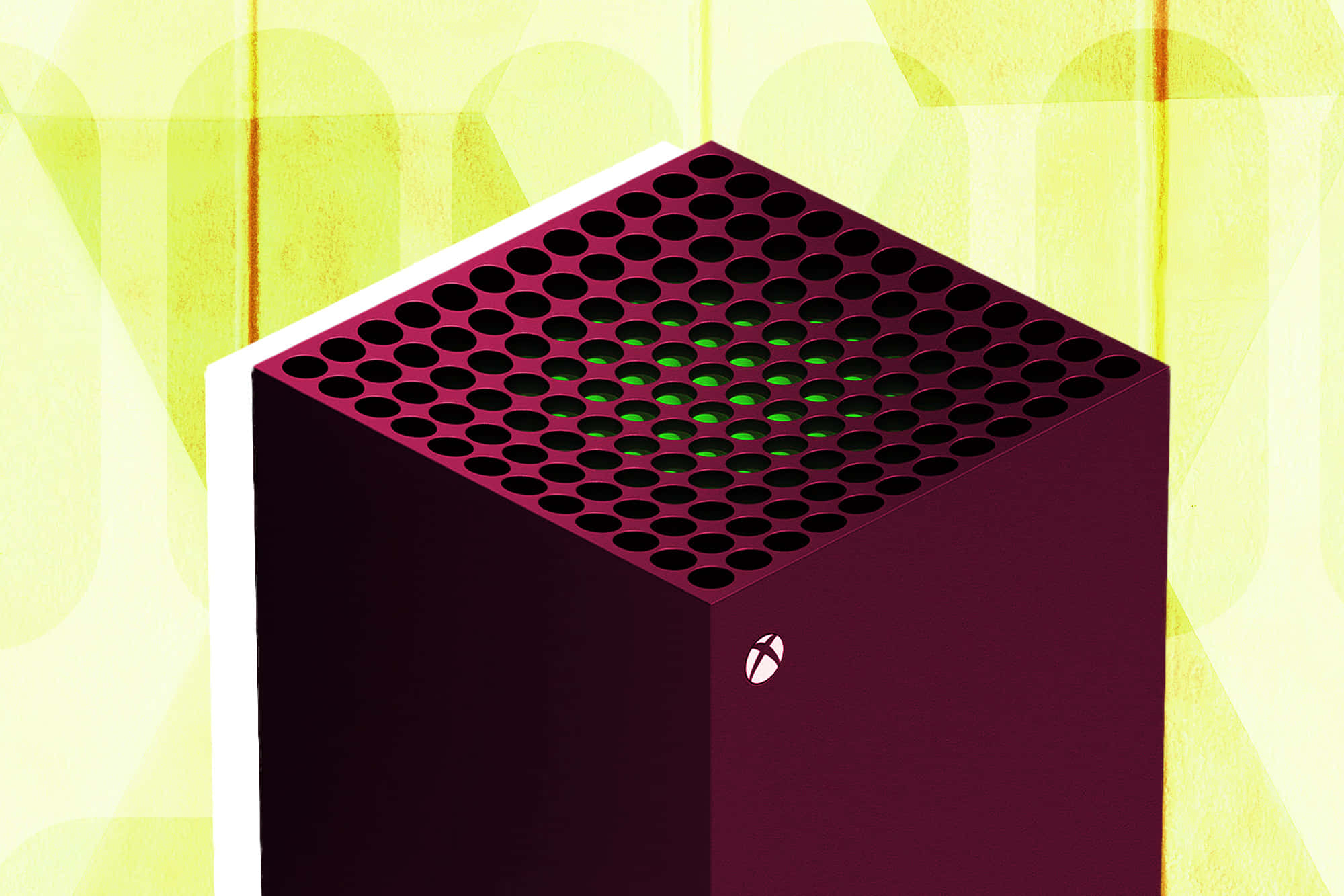 Xbox 桌布 壁紙 — 一部栗色Xbox主機，帶有發光的綠色通風口，立在充滿活力的黃色抽象背景前。