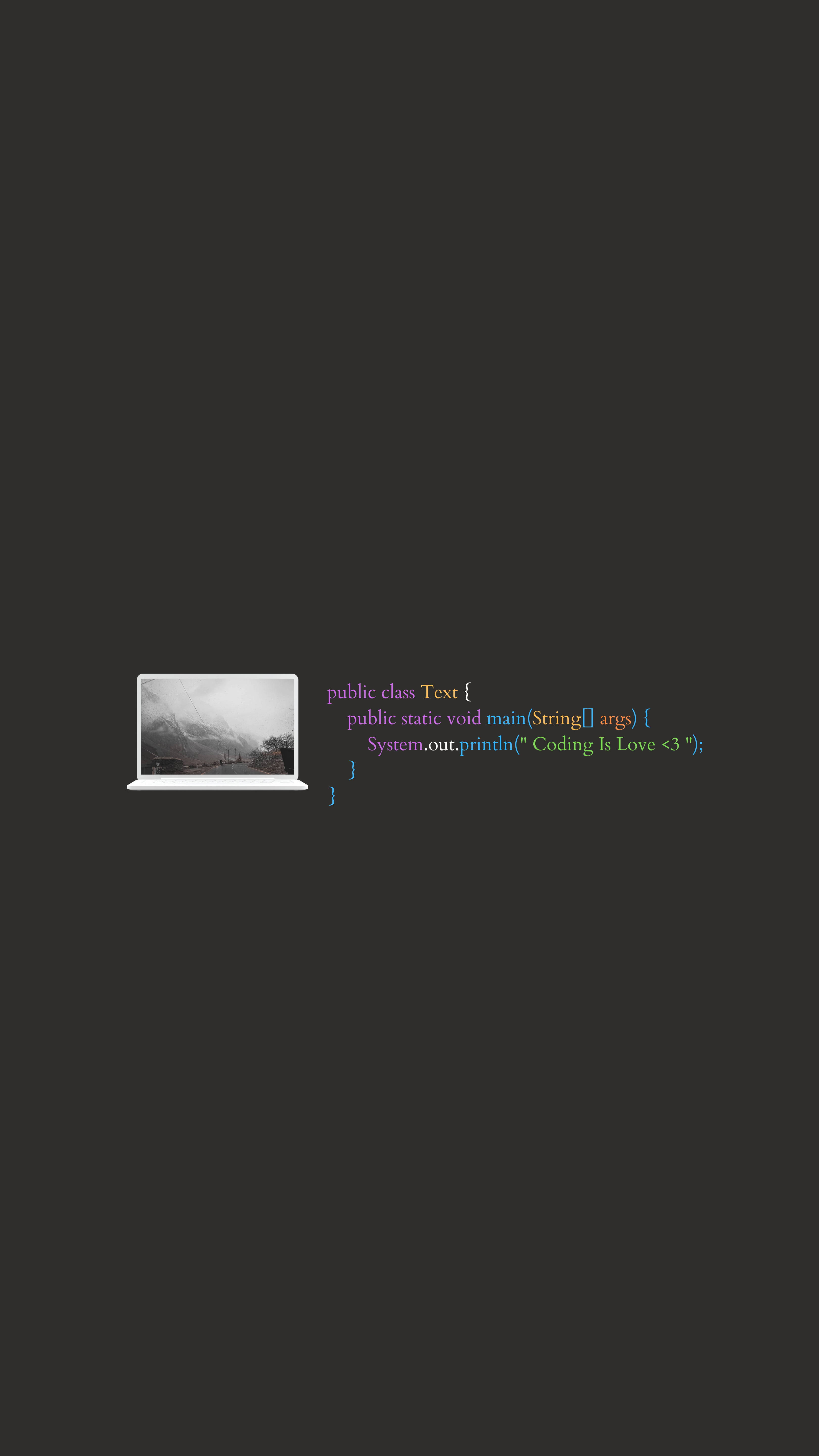 programming iPhone 桌布 壁紙 — 一部極簡筆記型電腦顯示霧氣繚繞的山景，旁邊是印有 'Coding Is Love <3' 的彩色 Java 程式碼。