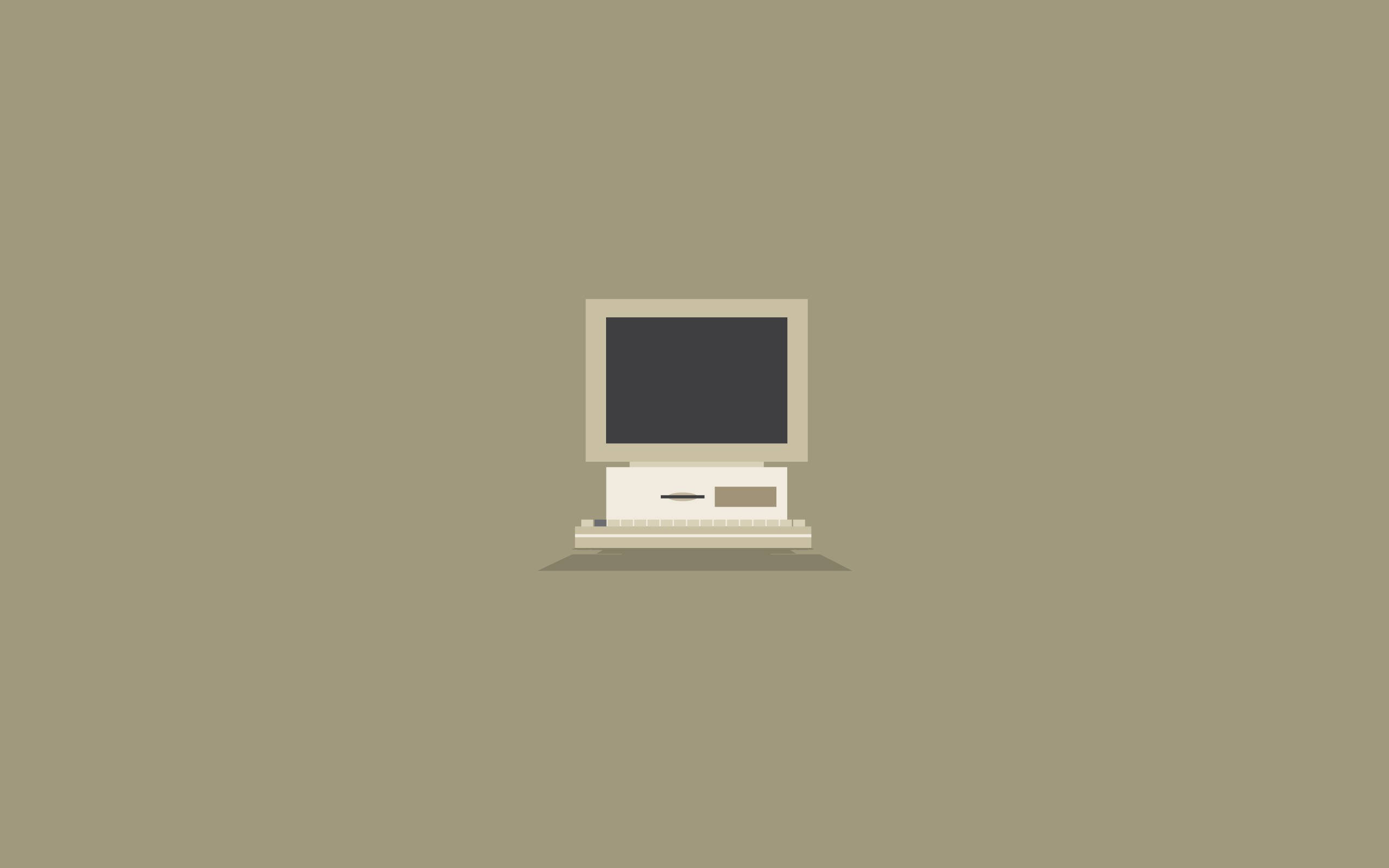 Vintage Minimalist 桌布 壁紙 — 一部極簡米色電腦，顯示器和鍵盤居中置於柔和橄欖色背景上。