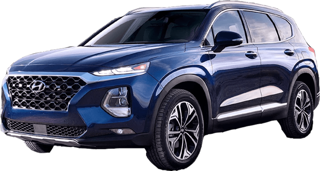 Hyundai 桌布 壁紙 — 一部流線型的藍色現代Santa Fe SUV，在純黑背景上展示，配備反光表面和現代合金輪圈。