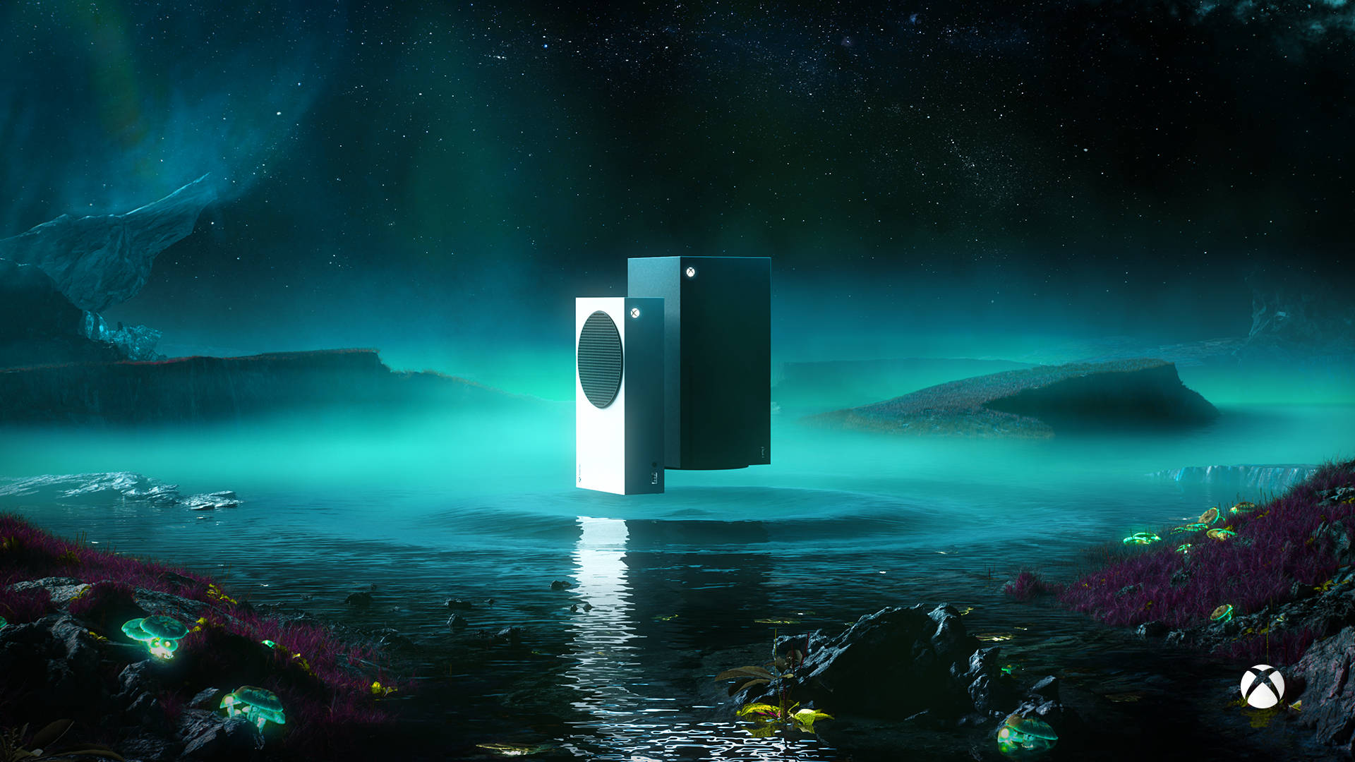 X 桌布 壁紙 — 一部漂浮的Xbox主機懸浮在發光的外星水域上方，星空下帶有極光的青綠色天空。