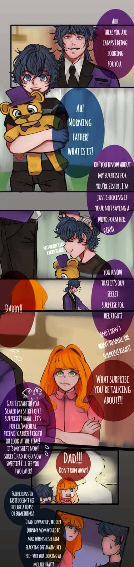 Afton Family 桌布 壁紙 — 一部漫畫條， featuring 動漫角色在戲劇性的家庭對峙中，帶有對話氣泡和情感表達。