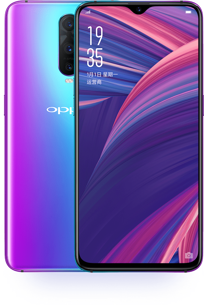 Oppo Mobile 桌布 壁紙 — 一部漸層紫色和藍色的OPPO智慧型手機，正面和背面顯示，螢幕上帶有充滿活力的抽象桌布。