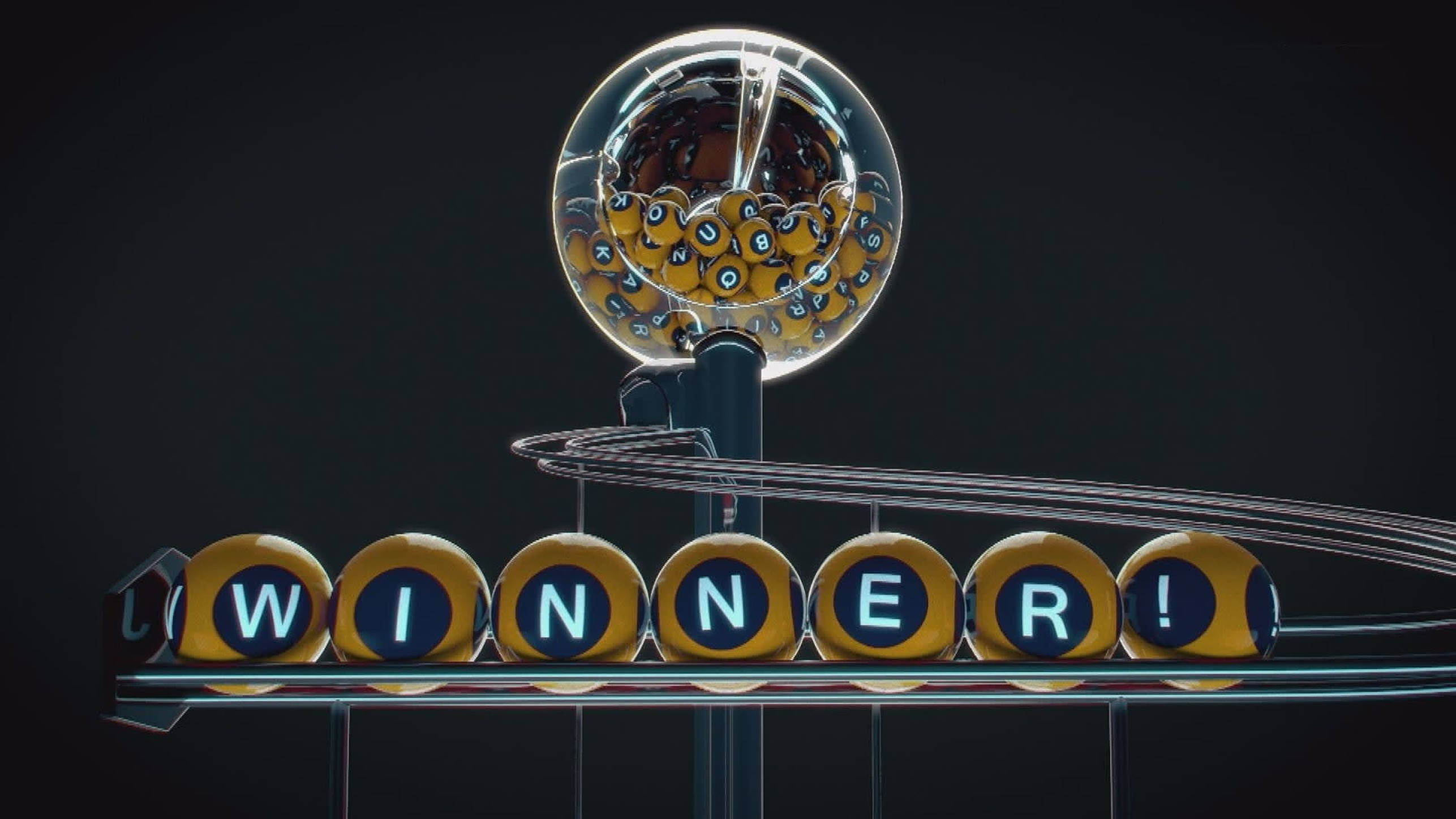 Lottery 桌布 壁紙 — 一部發光的彩票機在深色背景上以亮藍色字母顯示「贏家」一詞。