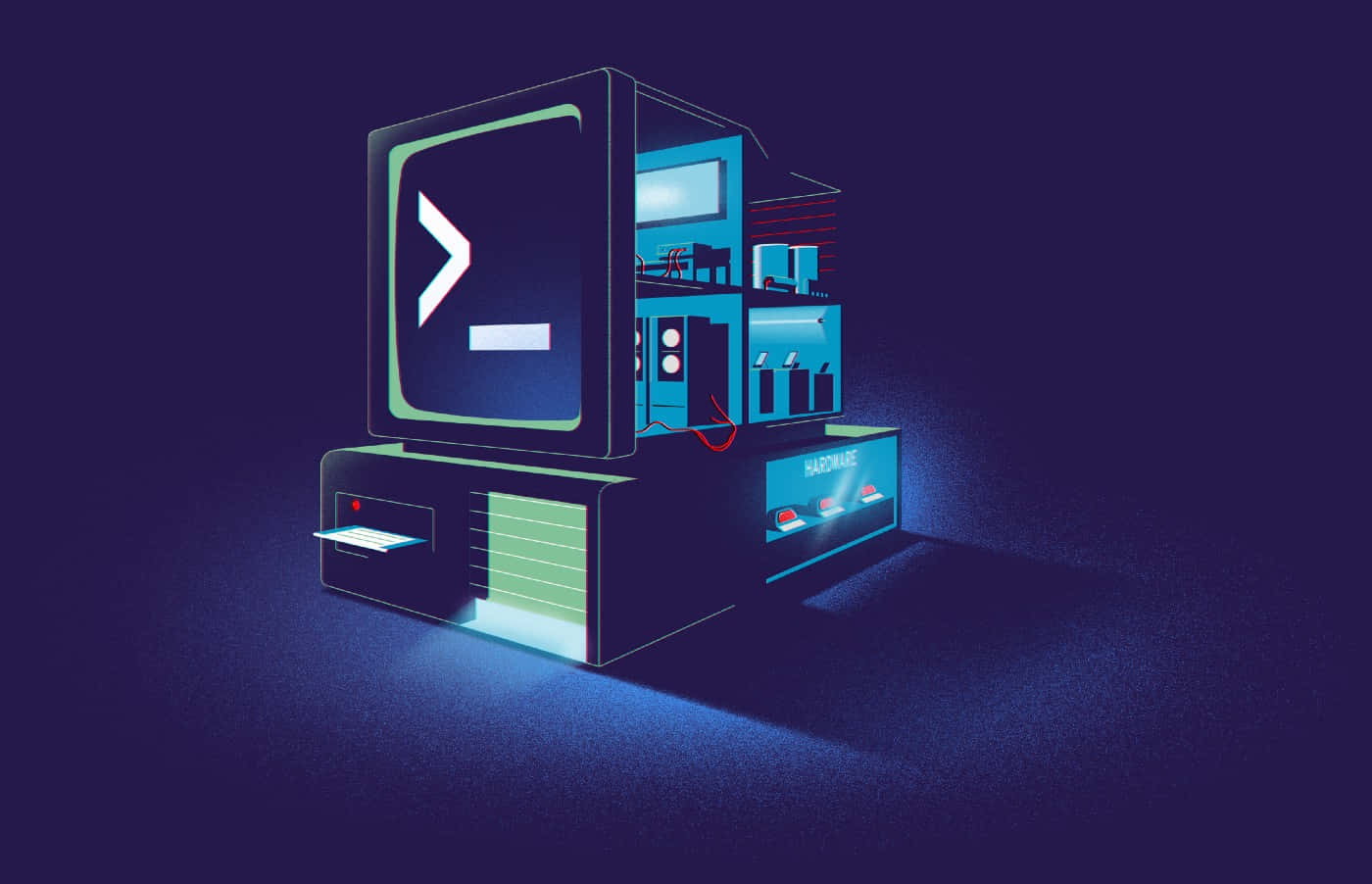 Graphics Design 桌布 壁紙 — 一部發光的復古電腦，內部零件外露，終端螢幕在深藍色背景上顯示命令提示字元。