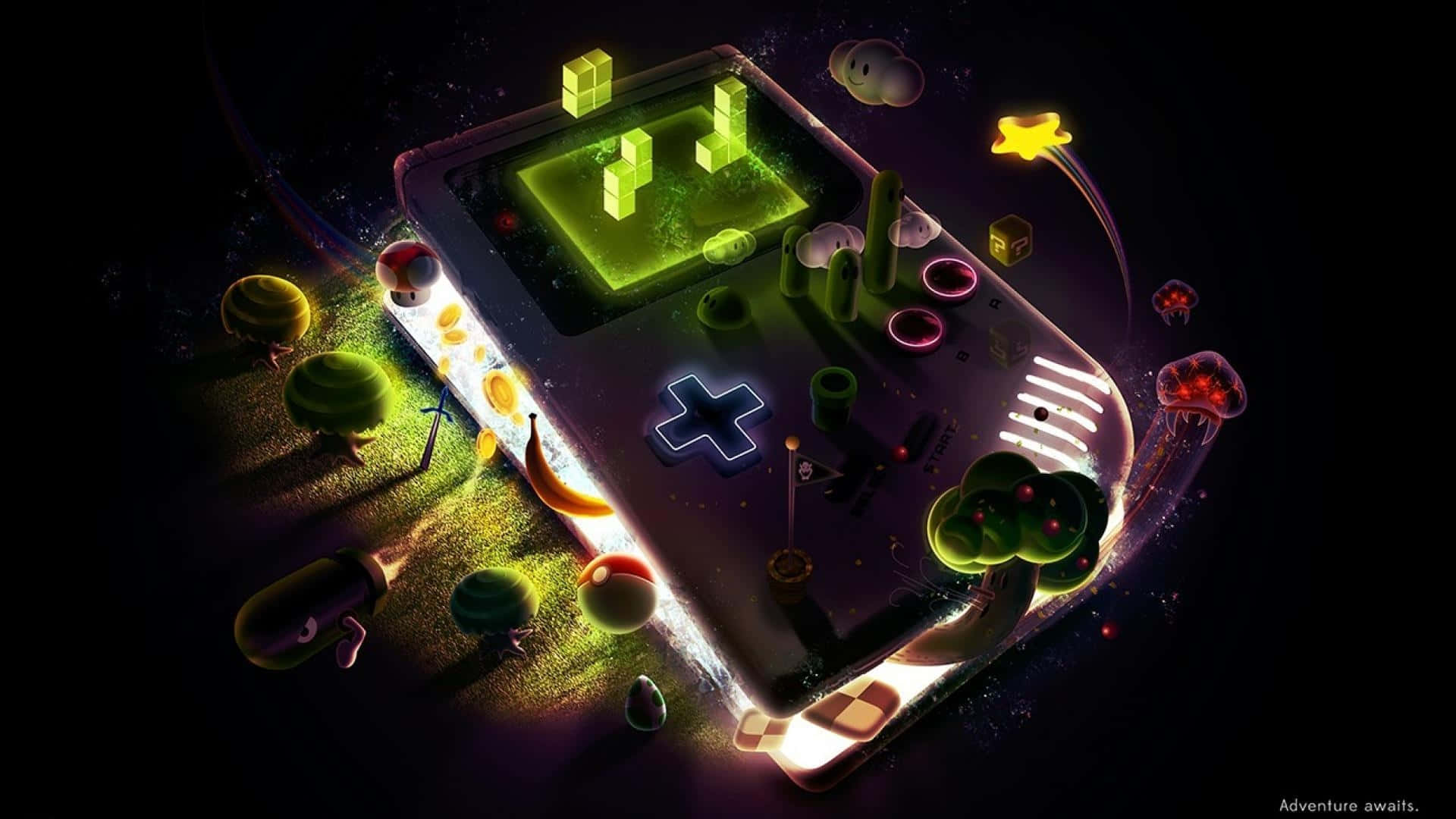 Game Boy 桌布 壁紙 — 一部發光的手持遊戲機漂浮在太空中，周圍環繞著色彩繽紛的像素遊戲角色和浮動方塊。