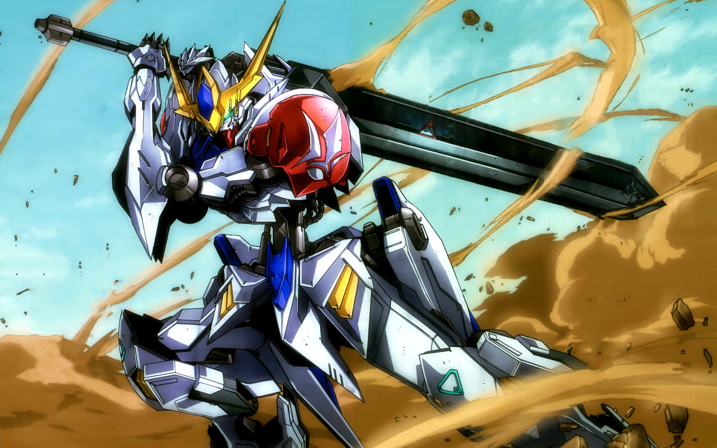 Gundam Desktop 桌布 壁紙 — 一部白色、藍色和紅色的機動戰士，在晴朗的天空下，手持巨劍衝過塵土飛揚的戰場。
