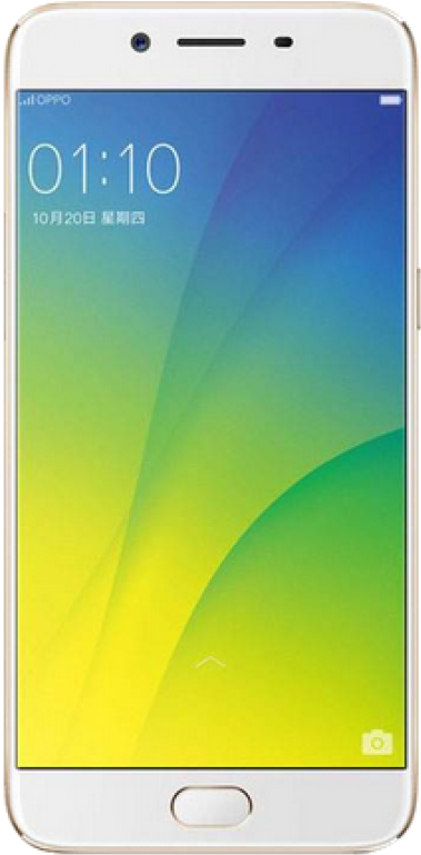 Oppo Mobile 桌布 壁紙 — 一部白色OPPO智慧型手機顯示出從藍色過渡到綠色和黃色的鮮豔漸變桌布，並顯示時間和日期。