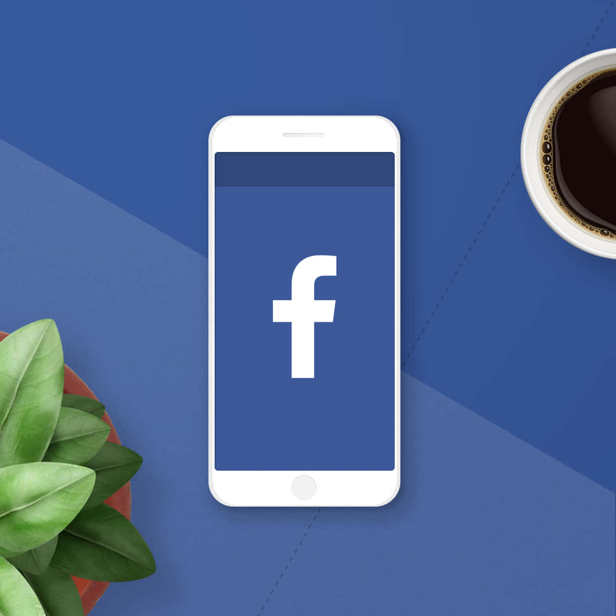 Facebook 桌布 壁紙 — 一部白色智慧型手機顯示Facebook標誌，放在藍色表面上，旁邊有咖啡杯和綠色植物。