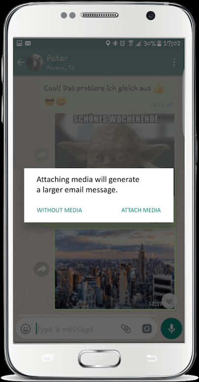 WhatsApp 聊天 桌布 壁紙 — 一部白色智慧型手機顯示一個訊息應用程式，並彈出有關將媒體附加到電子郵件的警告。