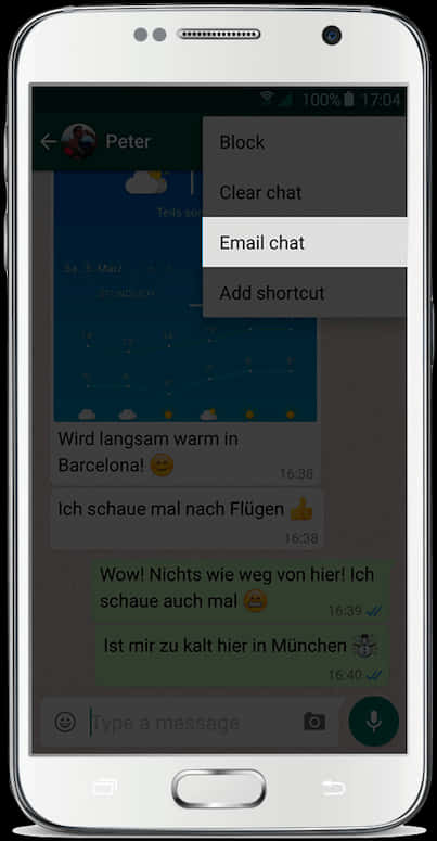 Phone Screen 桌布 壁紙 — 一部白色智慧型手機顯示與Peter的WhatsApp對話，顯示用於電子郵件聊天封鎖和清除聊天選項的選單。