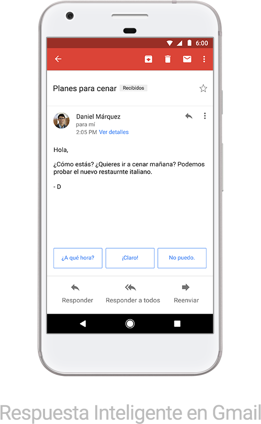 Gmail 動圖 桌布 壁紙 — 一部白色智慧型手機顯示西班牙語的Gmail對話，內容關於晚餐計劃，並附有快速回覆選項。
