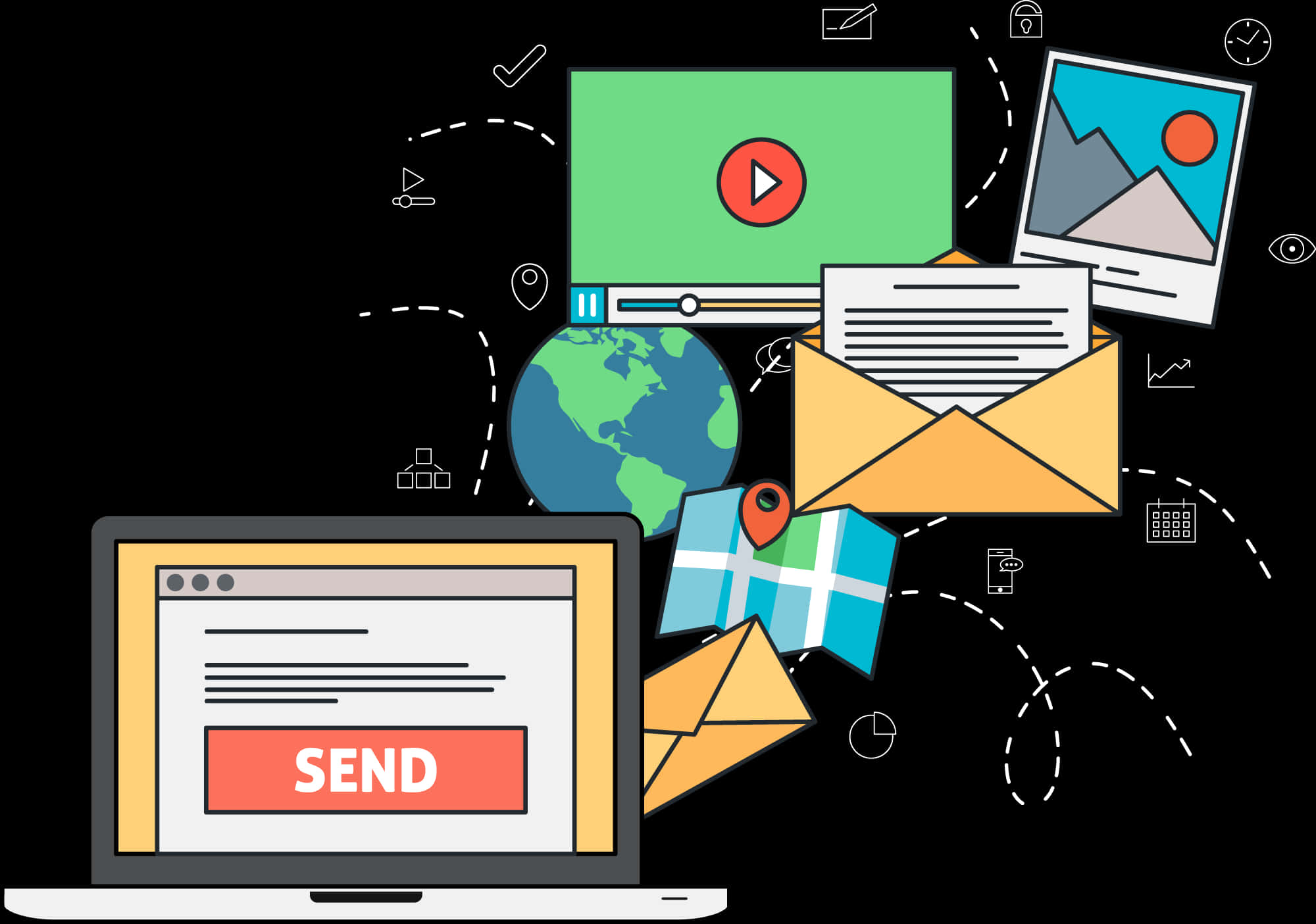 Email 桌布 壁紙 — 一部筆記型電腦，帶有發送按鈕，周圍環繞著代表全球通訊和數位工作流程的浮動圖示。