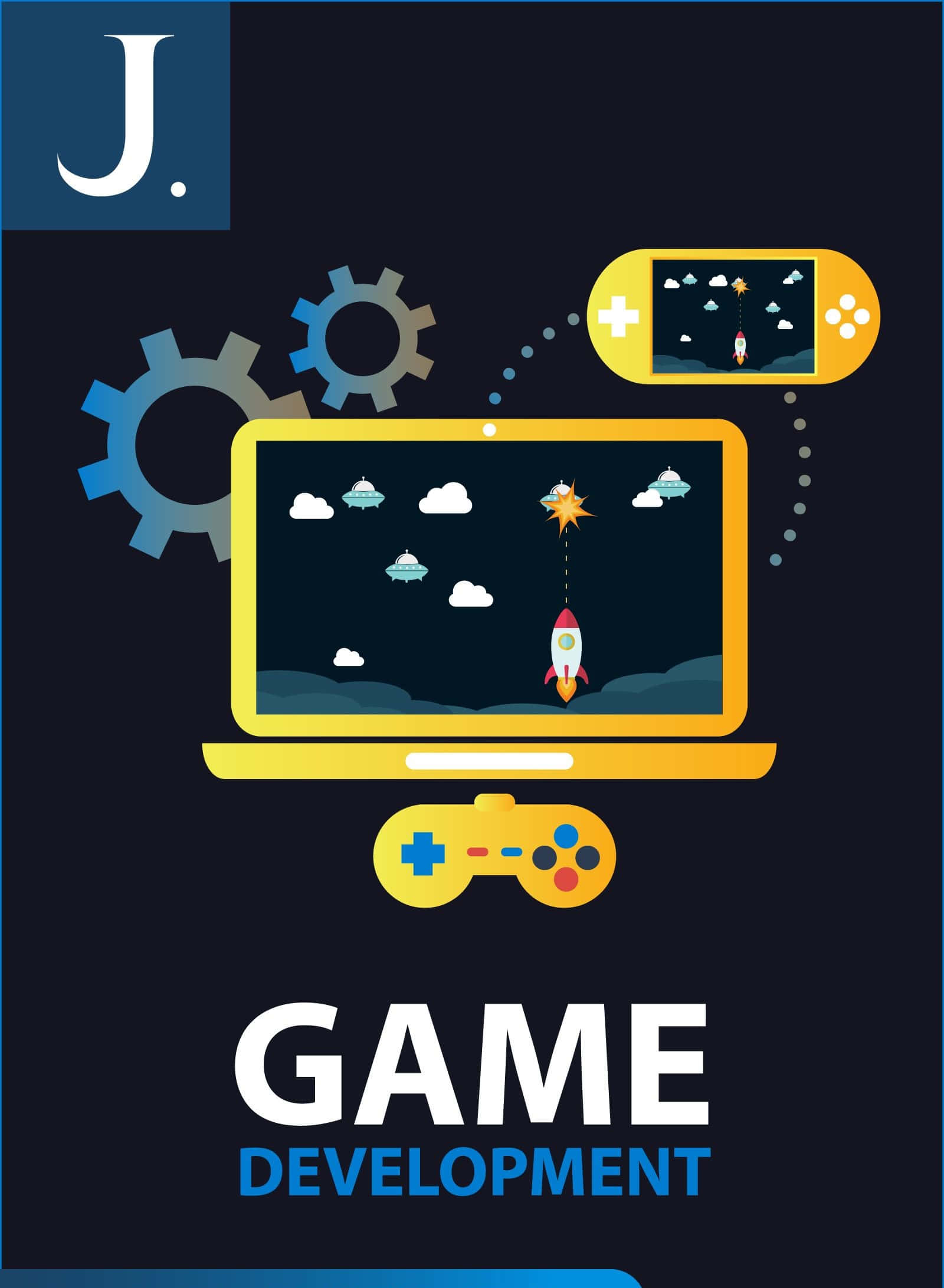 Game Development 桌布 壁紙 — 一部筆記型電腦和手持遊戲機顯示火箭遊戲，周圍有齒輪漂浮的風格化插圖。