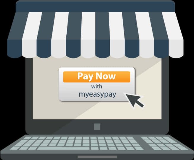 購物 桌布 壁紙 — 一部筆記型電腦在條紋遮陽篷插圖下方顯示「Pay Now with myeasypay」按鈕。