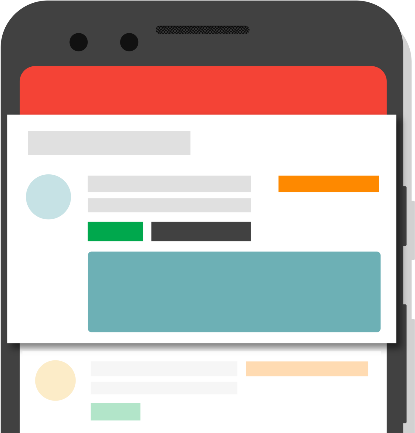 Gmail 動圖 桌布 壁紙 — 一部簡約智慧型手機在白色背景上顯示色彩繽紛的應用程式介面，帶有佔位符文字和圖標。