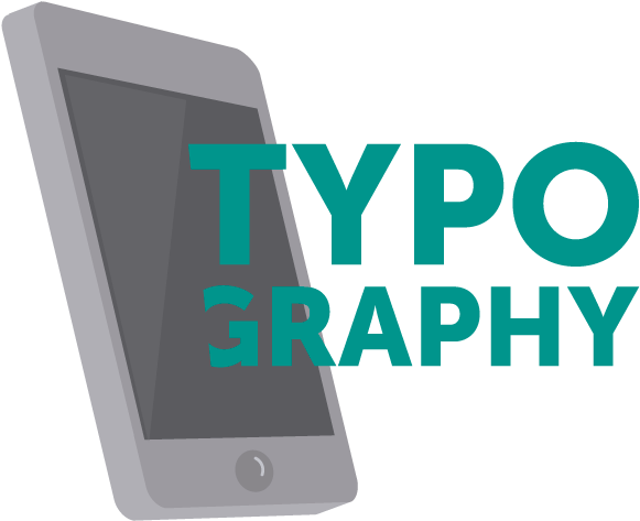 Typography 桌布 壁紙 — 一部簡約灰色智慧型手機在黑色背景上以粗體青綠色字體顯示「typography」一詞。