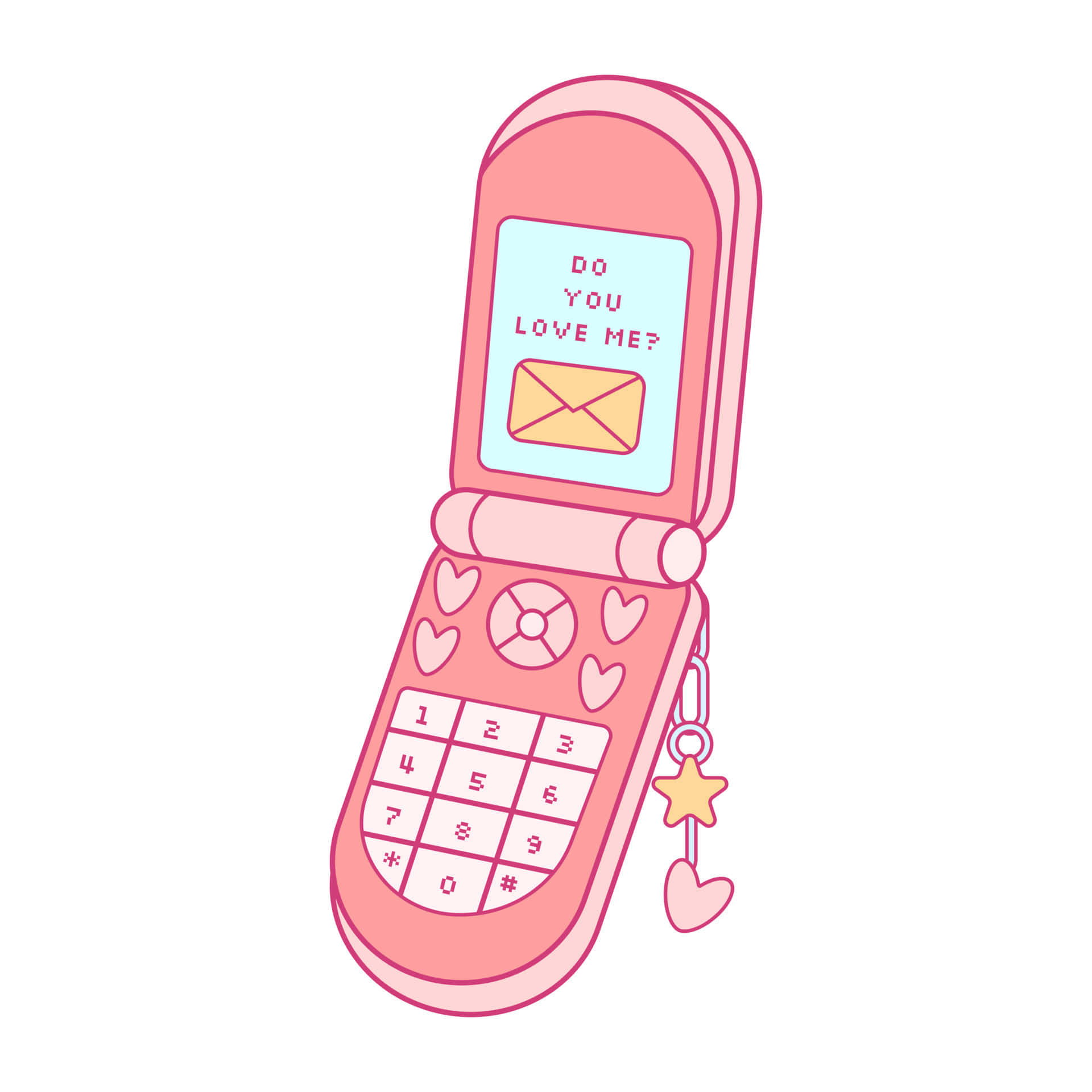 Aesthetic Retro 桌布 壁紙 — 一部粉紅色摺疊手機，帶有心形和星形吊飾，顯示像素化訊息問『你愛我嗎？』