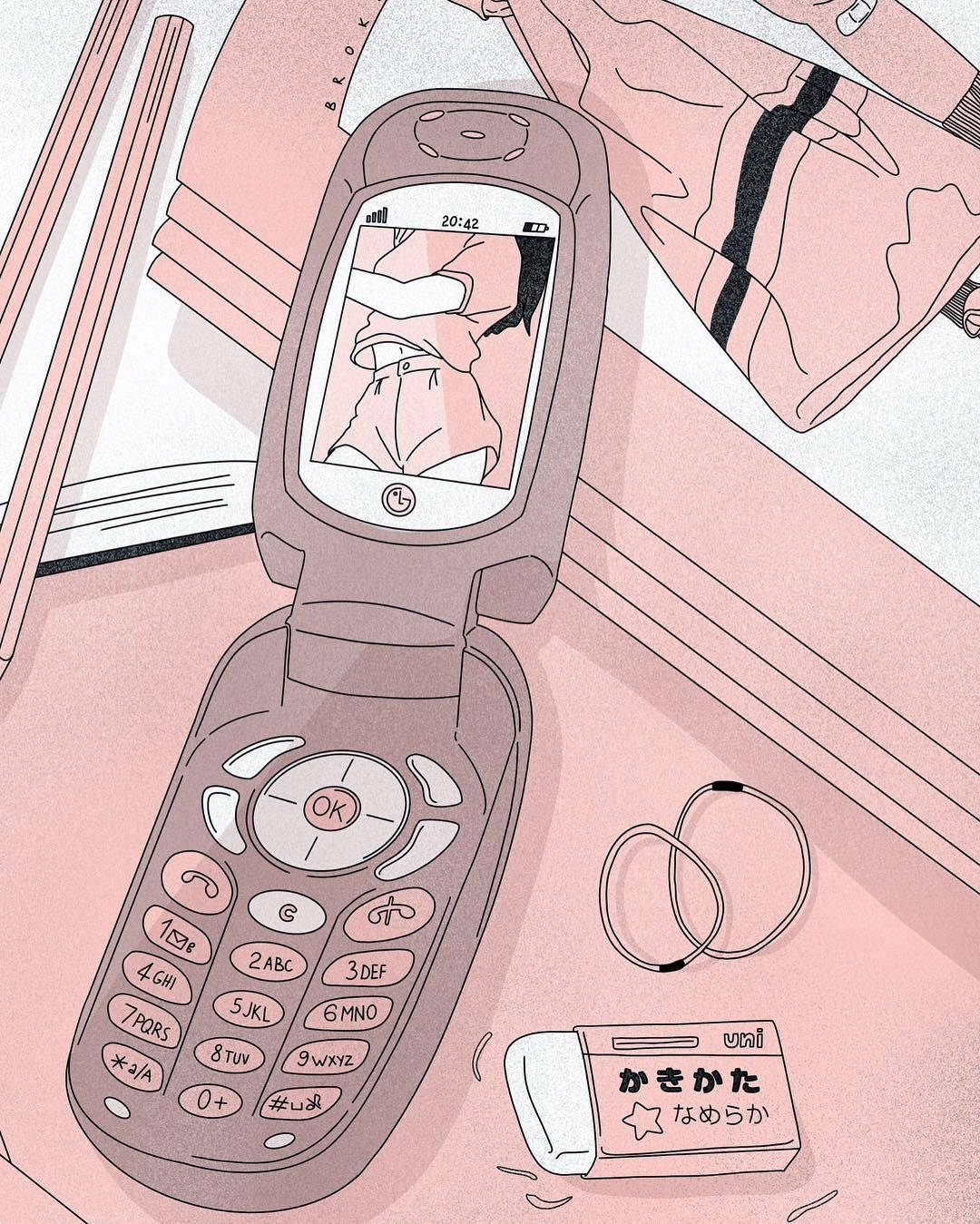 Aesthetic Retro 桌布 壁紙 — 一部粉紅色摺疊手機在粉紅色桌上展示卡通角色，旁邊有鉛筆和橡皮擦。
