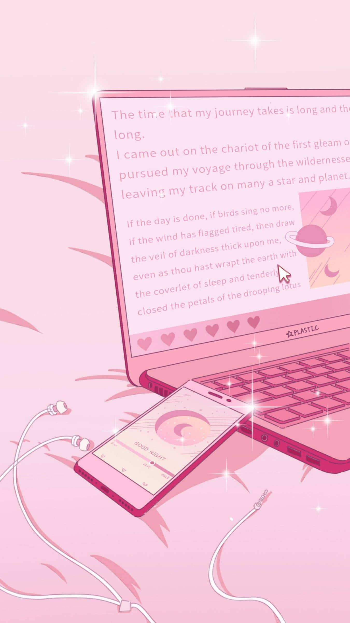 Pink Aesthetic Anime Phone 桌布 壁紙 — 一部粉紅色筆記型電腦和手機帶有發光閃爍效果，在柔和粉紅色背景上顯示詩意文字和星球插圖。