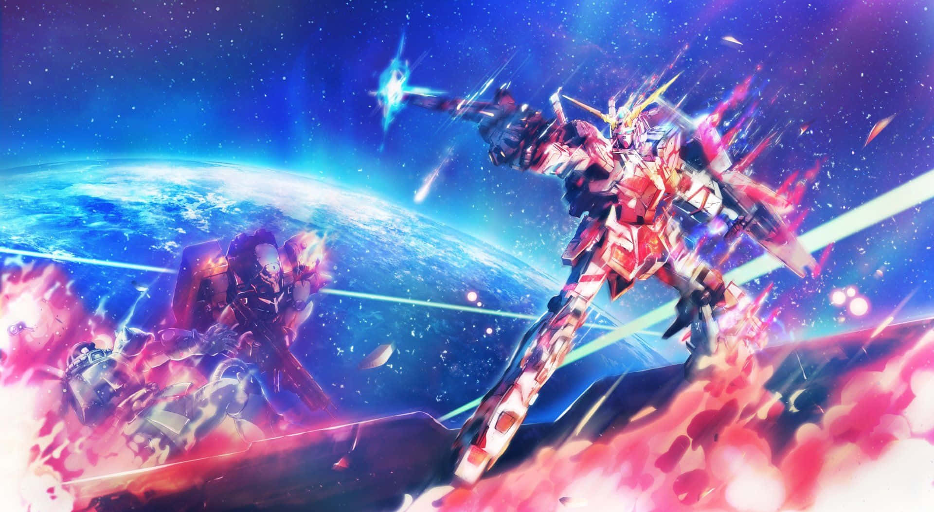 Gundam Unicorn 桌布 壁紙 — 一部紅白相間的可動戰士在太空中發射能量光束，背景是地球和熾熱的爆炸。