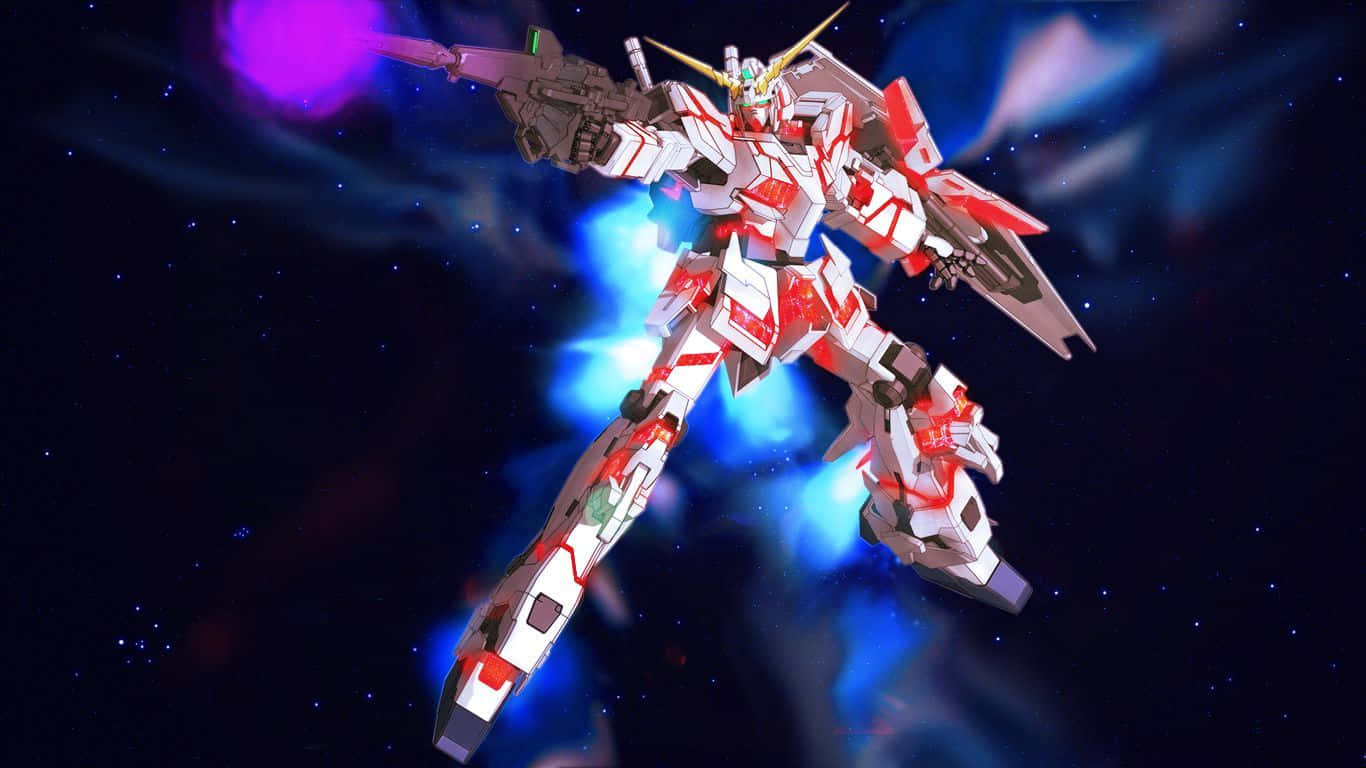 Gundam Unicorn 桌布 壁紙 — 一部紅白相間的機動戰士在繁星點點的宇宙戰場上發射紫色光束，伴隨著發光的藍色能量效果。