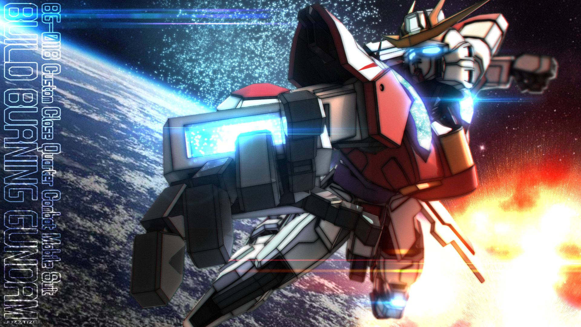 機動戰士鋼彈 桌布 壁紙 — 一部紅白相間的鋼彈機甲向著熾熱的爆炸發射發光的藍色光束炮，背景是地球。