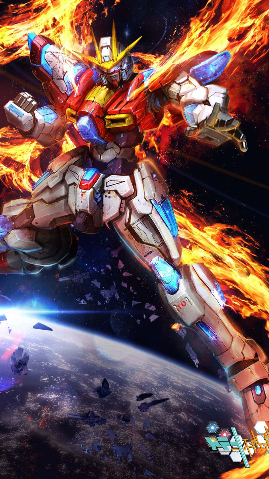  壁紙 — 一部紅白相間的鋼彈機甲在星球上空激烈爆炸中戰鬥，太空中有漂浮的碎片。