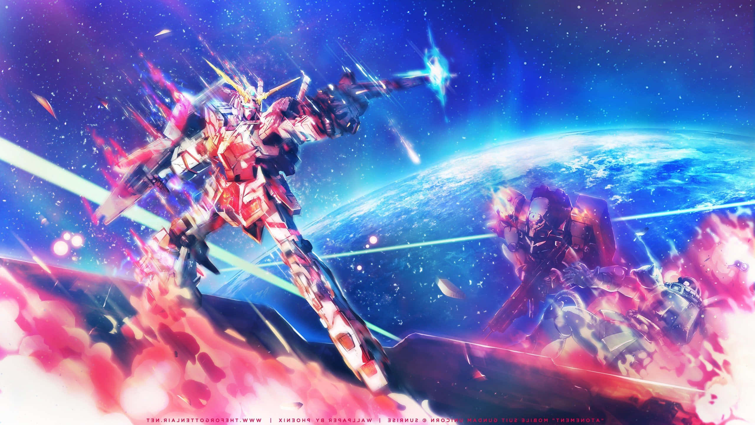 Gundam Desktop 桌布 壁紙 — 一部紅白相間的高達機甲在宇宙爆炸和發光藍色星球中與黑暗機甲戰鬥。