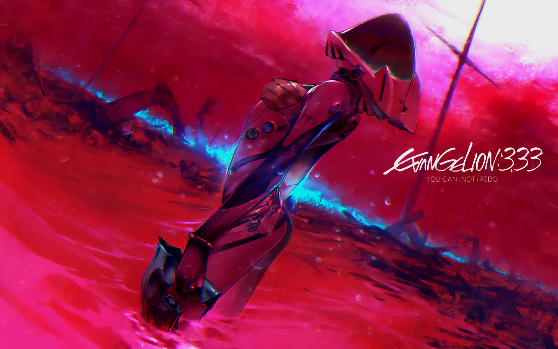 動漫 桌布 壁紙 — 一部紅色 Evangelion 機體站立在旋轉的深紅和藍色液體景觀中，天空發光。