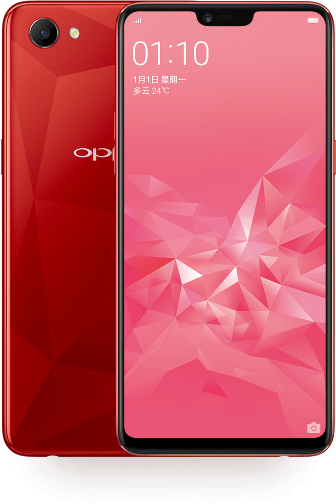 Oppo Mobile 桌布 壁紙 — 一部紅色 OPPO 智慧型手機，正面和背面展示，螢幕上帶有粉紅色幾何圖案桌布，顯示時間和天氣。