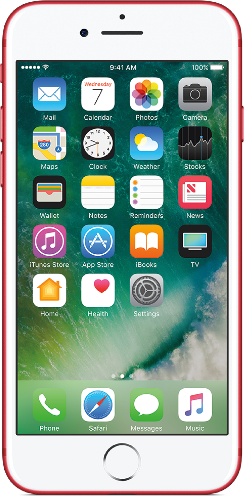 eBay 桌布 壁紙 — 一部紅色iPhone在動態海浪桌布上顯示帶有應用程式圖示的主畫面。