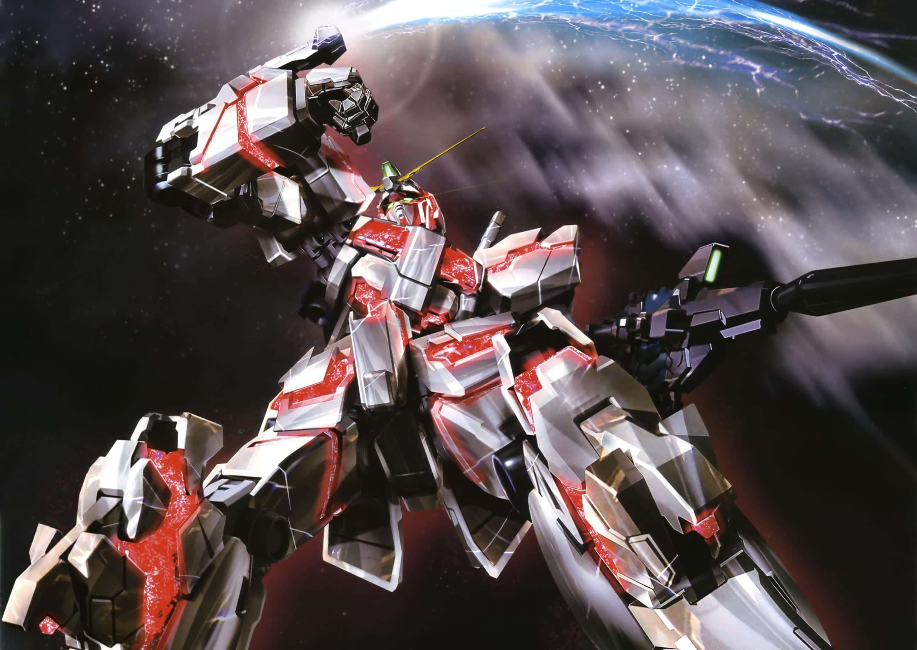 Gundam Unicorn 桌布 壁紙 — 一部紅色和銀色的機動戰士在太空中英勇地站立，背後有行星和星空。
