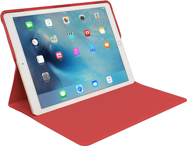 iPad Pro 桌布 壁紙 — 一部紅色平板電腦放在相配的保護套中，打開靠在黑色背景上，在藍色抽象桌布上顯示色彩繽紛的應用程式圖示。