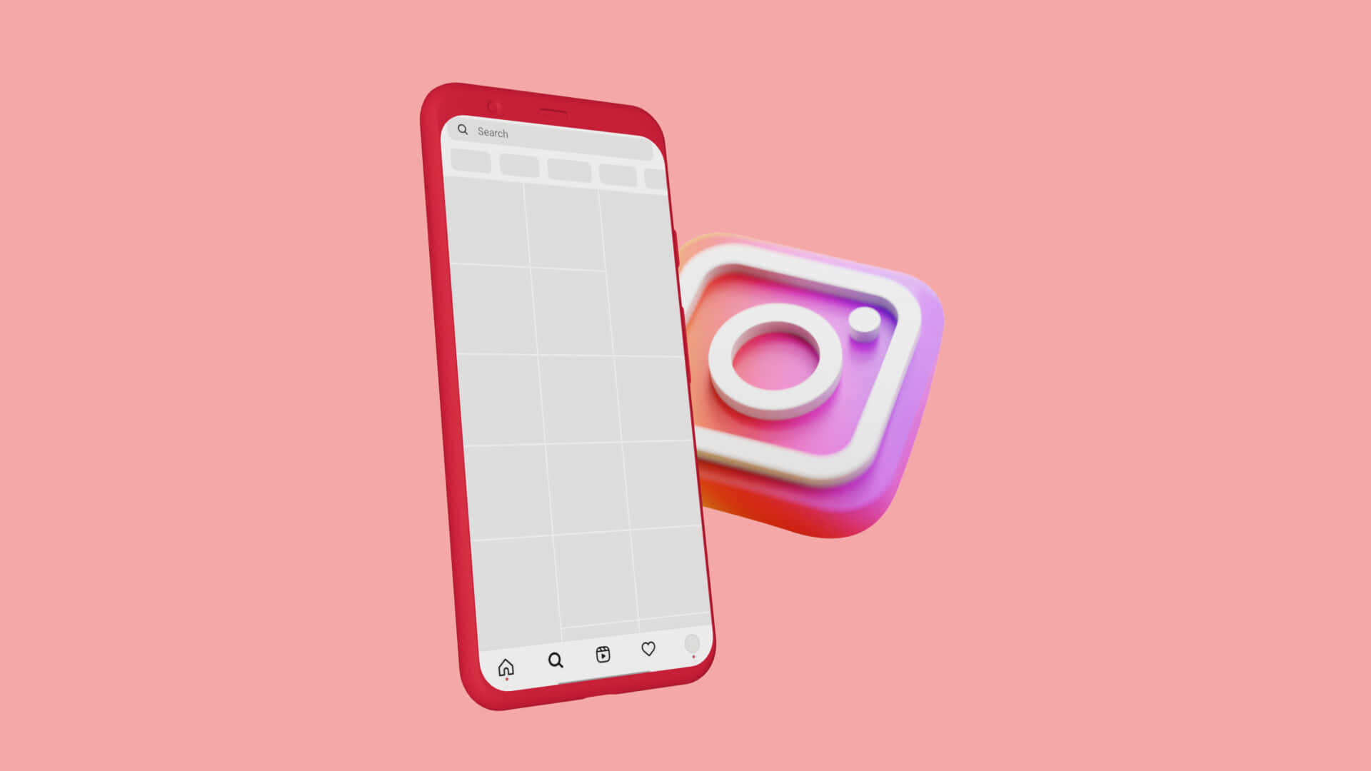 Instagram 桌布 壁紙 — 一部紅色智慧型手機顯示Instagram的網格佈局，漂浮在應用程式色彩繽紛的3D標誌旁邊，背景是柔和的粉紅色。
